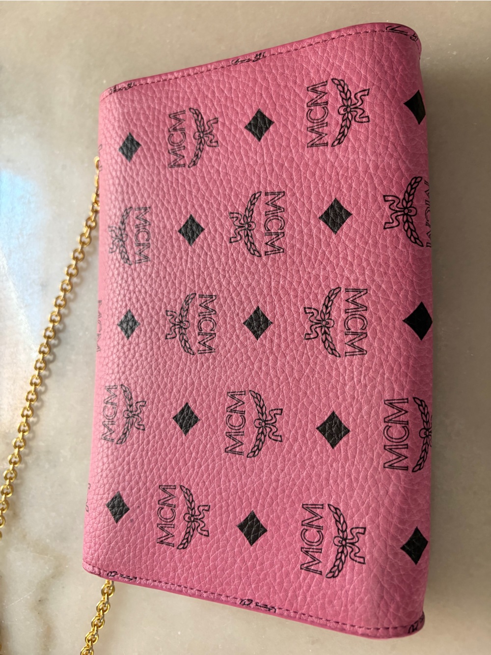 MCM Pink Rhinestone & Gold-Studded Leather Chain Crossbody WOC - Picture 9 of 13